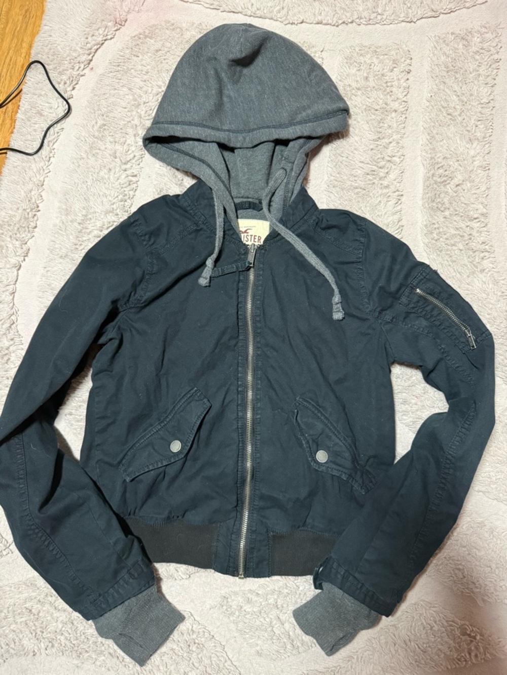 Hollister Navy Bomber Jacket with Gray Hood